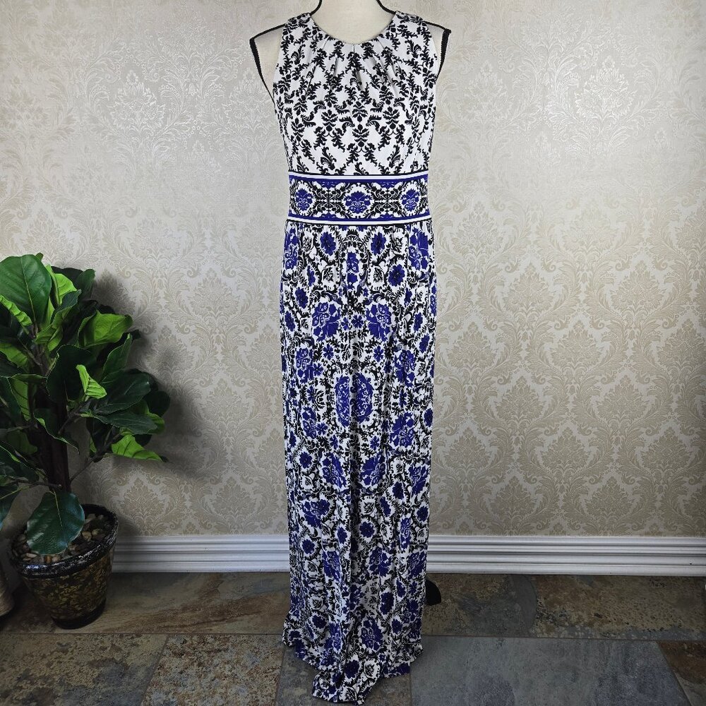 London Times Size 6 Blue White Black Slim Cut Maxi Dress Sleeveless Floral Leaf